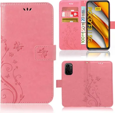 Produktbild von Handy Tasche für Xiaomi Poco F3 / Mi 11i  Schutz Hülle Handyhülle mit Blumenmuster Klapp Hülle mit Standfunktion und Kartenfächer Rosa