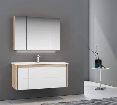 Produktbild von Likya Badmöbel 80cm Set, MDF, Eiche Und Weiss, 80 x 46 unterschrank spiegelschrank waschbecken