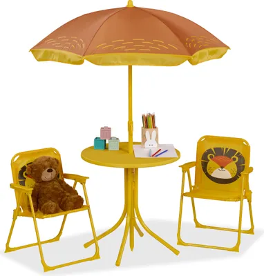 Produktbild von Relaxdays Camping Kindersitzgruppe, Löwe Motiv, Kindersitzgarnitur mit Sonnenschirm, Klappstühlen & Tisch, Garten, gelb