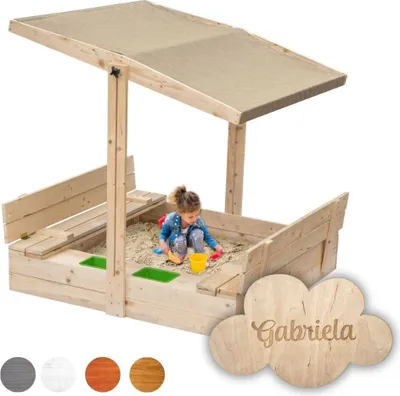 Image de Flumi Bac à sable avec couverture Bancs et toit solaire 120x120 cm Choix de la couleur d'imprégnation Bac à sable pour enfants avec NOM DE L'ENFANT  EU (auvent beige)