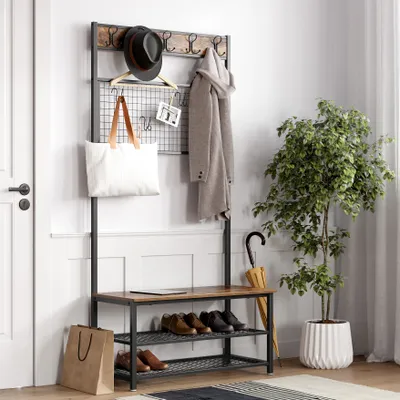 Obrázek produktu pro VASAGLE Věšák na kabáty s lavicí 9 háčků a botníkem 187 x 92 x 41,5 cm Věšák na kabáty s paměťovou deskou z vintage drátěného pletiva HSR46BX