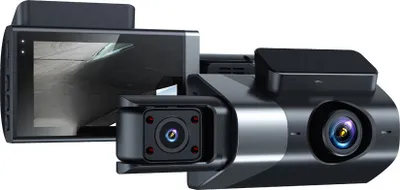 A black and silver dashcam with a screen showing a car.