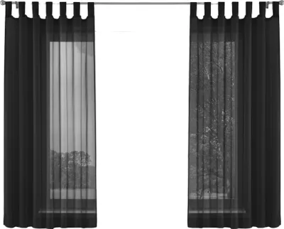 Two black sheer curtains hanging on a curtain rod, covering windows with a view of trees outside.