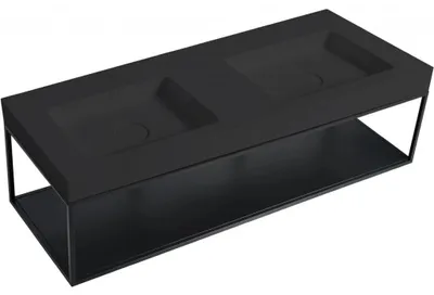 Productafbeelding van Dubbele wastafel van gietmarmer, model Dualia, met bevestigingsconsole - wandmodel - mat zwart - 133x46x45 cm