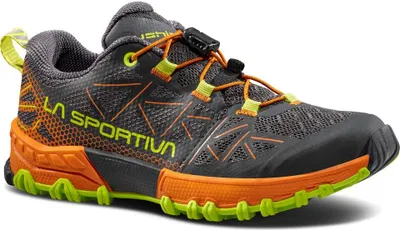 Trailrunning-Schuhe für Kinder "Bushido II JR" von La Sportiva in Grau mit orangefarbenen und grünen Akzenten.