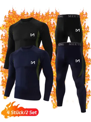 Produktbild von 2er Pack Herren Thermounterwäsche, Funktionsunterwäsche mit Innenfleece, Skiunterwäsche für winterliche Outdoor-Aktivitäten-Schwarz+Blau-M