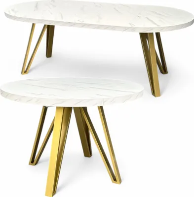 Produktbild von Runder Esstisch Ausziehbar Weißer Marmor (Ø90/190 cm) mit Goldenen Metallbeinen
