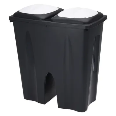 A black dual trash can with white lids, shown against a white background.