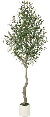 Immagine prodotto di Olivo artificiale in vaso - Pianta da terra - 183 cm, foglie e olive realistiche, plastica, vaso con muschio, 1 pezzo, per esterni