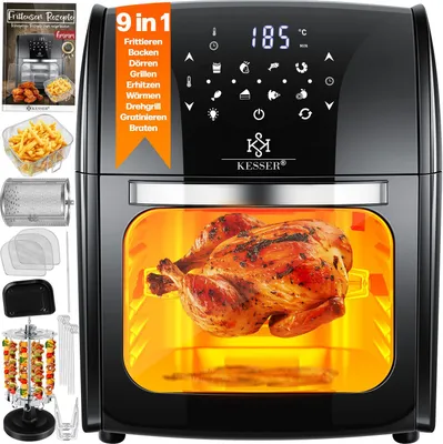 Produktbild von KESSER® XXL Airfryer 9in1 Heißluftfritteuse Fritteuse Drehgrill Mikrowellen Rezeptheft Grillspieß 1800 Watt fettfrei grillen 8 Programme inkl. Zubehör