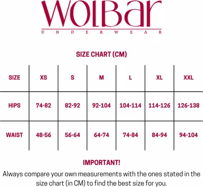 A size chart for WolBar underwear.