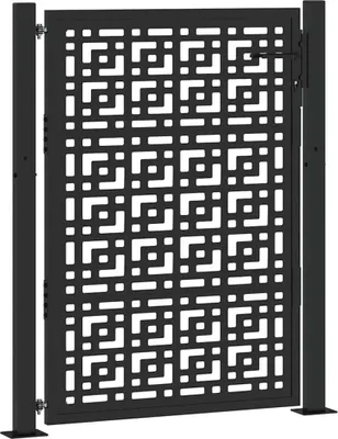 A black metal garden gate with a geometric cut-out pattern, shown in a studio setting against a white background.