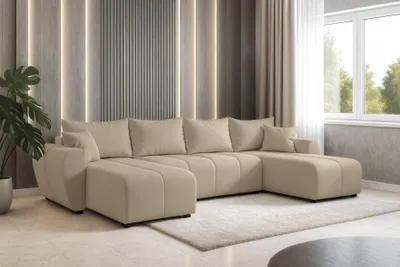 Image de AX LIVING Malatya U Canapé avec fonction sommeil Canapé d'angle marron clair 311 cm