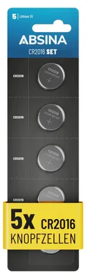Produktbild von ABSINA CR2016 Knopfzelle 5er Pack - CR 2016 Knopfzelle 3V auslaufsicher & lange Haltbarkeit - Batterie CR2016
