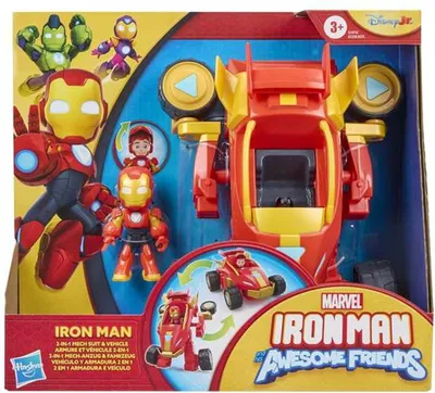 The image shows the packaging of an Iron Man action figure toy set, featuring the main character, vehicles, and other figures.