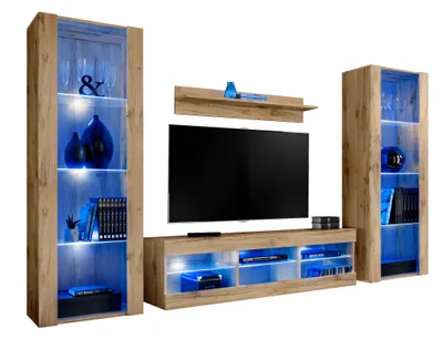 Produktbild von Komodee | Wohnwand Wohnzimmerset Tivoli Grande, Korpus Wotan Matt Frontfarbe Wotan Matt, LED Blau