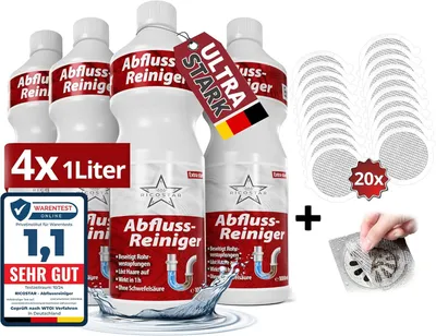 Produktbild von Ricostar Abflussreiniger 4 x 1000 ml inkl. 20 Haarsiebe – Profi Rohrreiniger gegen Verstopfungen, Haare & Gerüche – Extra stark, materialschonend