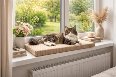 Produktbild von Katzenbett Fensterbank 60x20x4 cm weich rutschfest Katzenkissen Katzenmatte Liegekissen Haustierbett für Katzen Beige