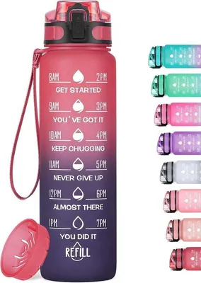 Produktbild von Famanu Wasserflasche 1 Liter, motivierende Trinkflasche mit Zeitmarkierung, auslaufsicher, BPA-frei, Tritan Sportflasche mit Tragegurt (Rot und
