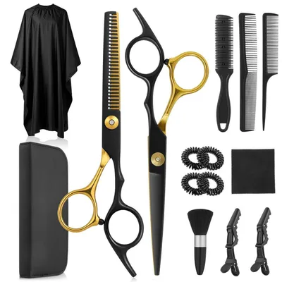 Produktbild von Haarschere Friseurschere Set 15-teilig Profi Haarschneideschere 440C Edelstahl Barber Set Schwarz