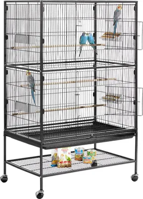 Obrázek produktu pro Klec pro ptáky - Voliéra z tepaného železa - 80 x 52 x 132 cm - S bidýlky a krmítky - Odnímatelný spodní tác - Na kolečkách - Pro papoušky, andulky a kanáry