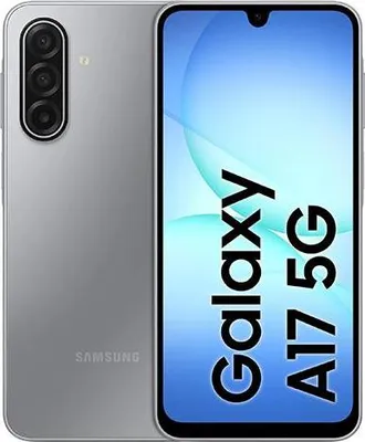 A silver Samsung Galaxy A17 5G smartphone is shown from the back and front.