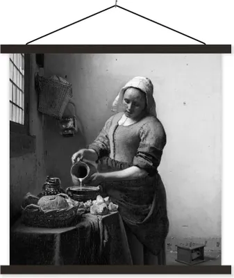 Produktbild von MuchoWow® Textilposter Das Milchmädchen - Gemälde von Johannes Vermeer - schwarz und weiß 60x60 cm mit schwarzem Rahmen - Posteraufhänger