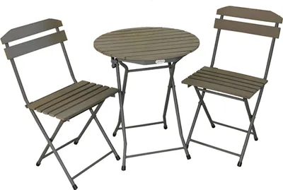 A three-piece bistro set consisting of a round table and two chairs, presented against a white background.