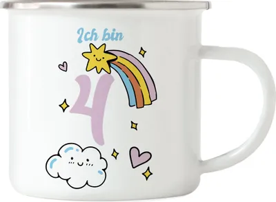 Produktbild von 4 Jahre alt Kindergeburtstag Emaille-Tasse süße Motive Kinder Milchkanne Happy Birthday Alles Liebe zum Geburtstag
