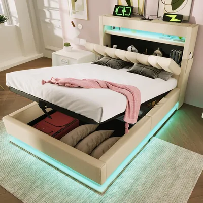 Immagine prodotto di Letto imbottito grigio 90x200 cm con LED, USB/Type-C, vano portaoggetti idraulico e testiera, lino, senza materasso