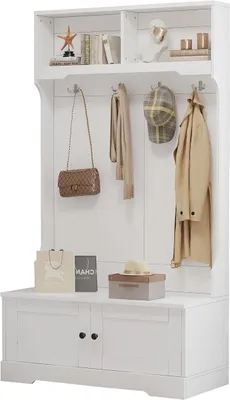 Image de Armoire multifonctionnelle pour l'entrée, couleur blanche - Ensemble de meubles pour l'entrée comprenant un banc, 4 crochets et 2 étagères, idéal pour ranger vêtements et chaussures (101,5 x 183 cm)