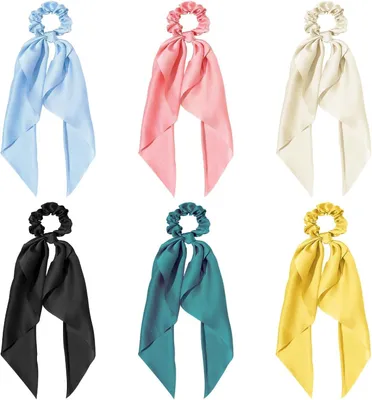 Produktbild von 6 elastische Satin-Haargummis mit Schleife in verschiedenen Farben für Pferdeschwänze und als Haaraccessoire für Frauen