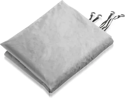 A folded silver car cover with attached straps and clips.