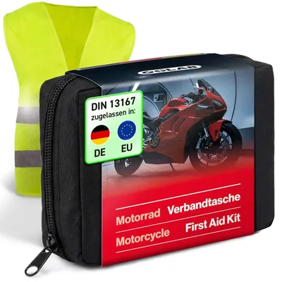 Produktbild von Erste-Hilfe-Set Verbandtasche Motorrad - DIN 13167 - Klein und kompakt - Mit Warnweste