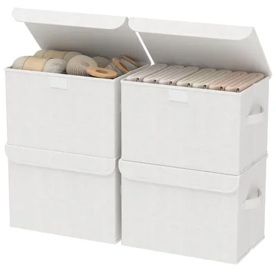 Produktbild von 4 Aufbewahrungsboxen mit Deckel, faltbare Stoffboxen, Kleiderschrank-Organisationssystem, für Schlafzimmer, Kleideraufbewahrung, weiß, 30 x 23 x 20 cm