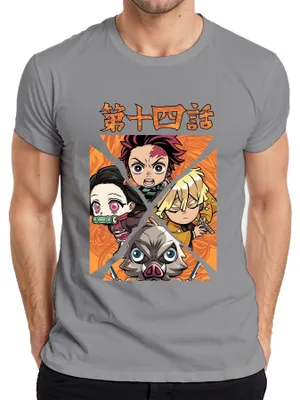 Immagine prodotto di Maglietta Kimetsu no Yaiba Tanjiro Nezuko Zenitsu Inosuke Chibi Gift Uomo, Grigio, L