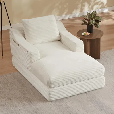 Produktbild von MODFU Relaxsessel mit Doppellagiges Desig,Chaiselongue Liegestuhl mit Sitzkissen,Posterstuhl mit seitlichen Aufbewahrungstaschen,Cord,Weiß