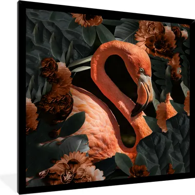 Produktbild von MuchoWow® MuchoWow® Gerahmtes Poster Flamingo - Vogel - Blumen - Blätter 40x40 cm - Poster mit zchwarzem Bilderrahmen - Mit Rahmen - Wanddekoration Schlafzimmer
