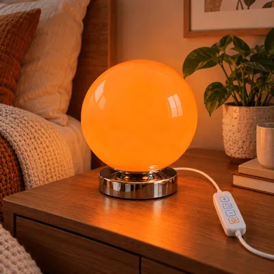 Produktbild von Orange Glas Nachttischlampe Kugel, dimmbare Tischlampe mit 3 Lichtfarben und 6 Helligkeitsstufen, moderne Dekolampe für Schlafzimmer, Wohnzimmer