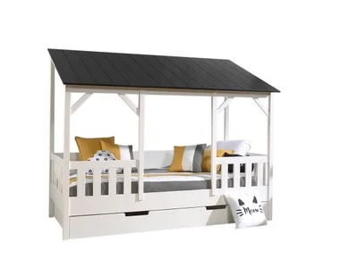 Image de Lit de maison Vipack avec surface de couchage de 90 x 200 cm et tiroir de lit, corps laqué blanc, toit en noir