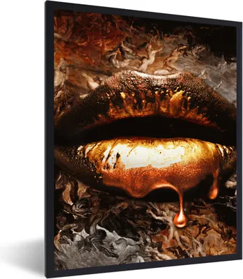 Produktbild von MuchoWow® Gerahmtes Poster Gold - Lippen - Kunst - Gold - Luxus - Abstrakt 60x80 cm - Poster mit Schwarzem Bilderrahmen Wandposter Rahmen Foto Bilder - Premium - Wanddeko Wohnzimmer