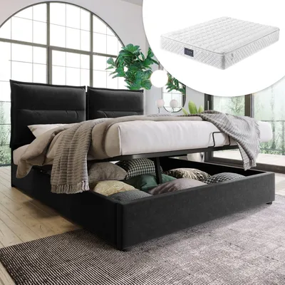 Produktbild von Odikalo Polsterbett Stauraumbett 140x200 Lattenrost Metallrahmen Schwarz mit Matratze