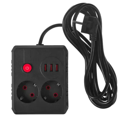 Image de Rallonge multiprise Maclean 2 prises + 3xUSB 110-240V AC 50/60Hz 2,1A max 2500W 3 m noir MCE388 B