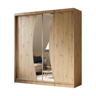 Produktbild von Schwebetürenschrank VOX 200 cm – Kleiderschrank mit 4 Schubkasteneinsätze, Spiegel & Schiebetüren (Eiche Artisan)