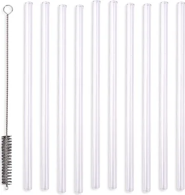 Produktbild von Schramm® 10 Stück Glas Strohhalme gerade transparent mit Reinigungsbürste wiederverwendbar Trinkhalme Glasstrohhalm