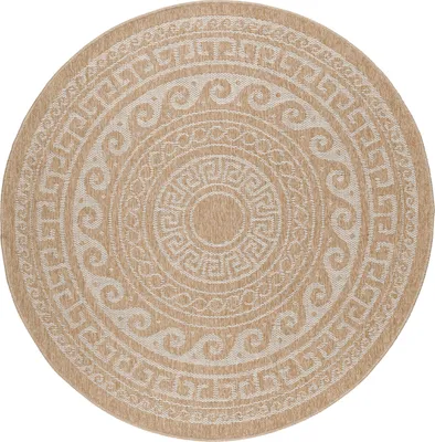 Image de Tapis d'extérieur vintage, beige, pour terrasse, balcon ou cuisine, forme ronde, 200 x 200 cm