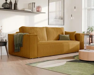 Produktbild von Freistehendes Polstersofa BALI mit Schlaffunktion und Stauraum Wohnzimmersofa Couch Schlafsofa modernen Sofa Moderner Cordstoff Senfgelb