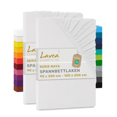 Produktbild von Lavea® 2er Pack Spannbettlaken 90x200cm - 100x200cm, Bettlaken 100% Baumwolle Jersey, mit Rundumgummizug, für Matratzen bis 20 cm Höhe, weich, formstabil, langlebig, Weiß