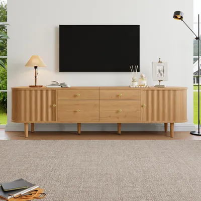 Produktbild von Merax TV-Lowboard mit Schiebetüren und 4 Schubladen, TV-Schrank mit Wellenstruktur, Fernsehtisch abgerundete Enden, Stauraum Möbel Wohnzimmer, Natur