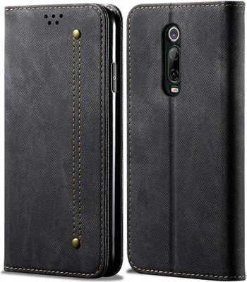 A black flip-style phone case with a denim texture is shown from two angles.
